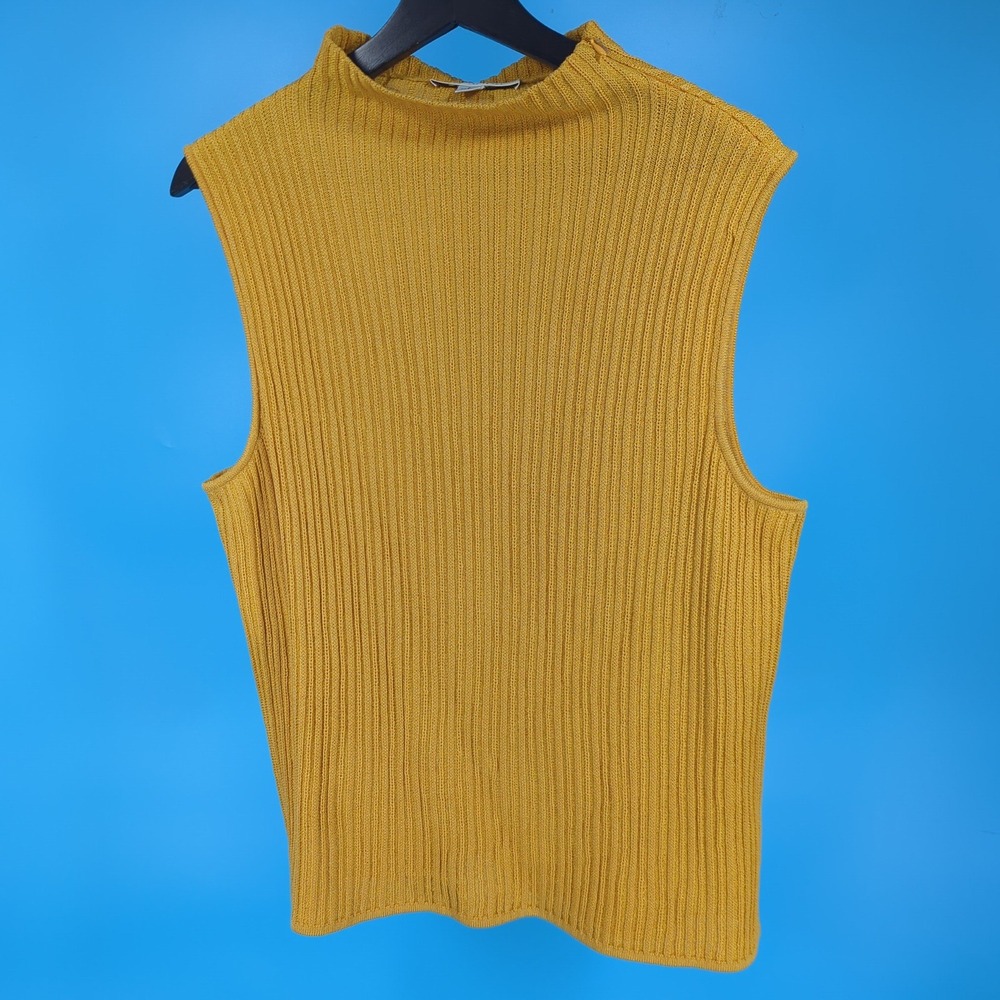 St. John Mustard Yellow Gold Ribbed Mock Neck Sleeveless Knit Top Large USA